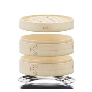 NEW MIU Bamboo Steamer Basket 10 Inch 2 Tier Set Stainless Ring Adapter